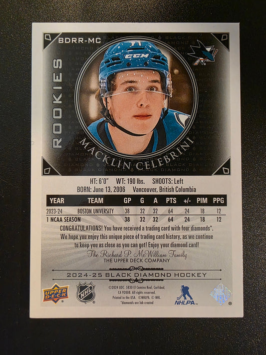 2024-25 Upper Deck Black Diamond - 2015 Retro Diamond Relics Rookie Gems Quad - Macklin Celebrini #BDRR-MC /49 RY