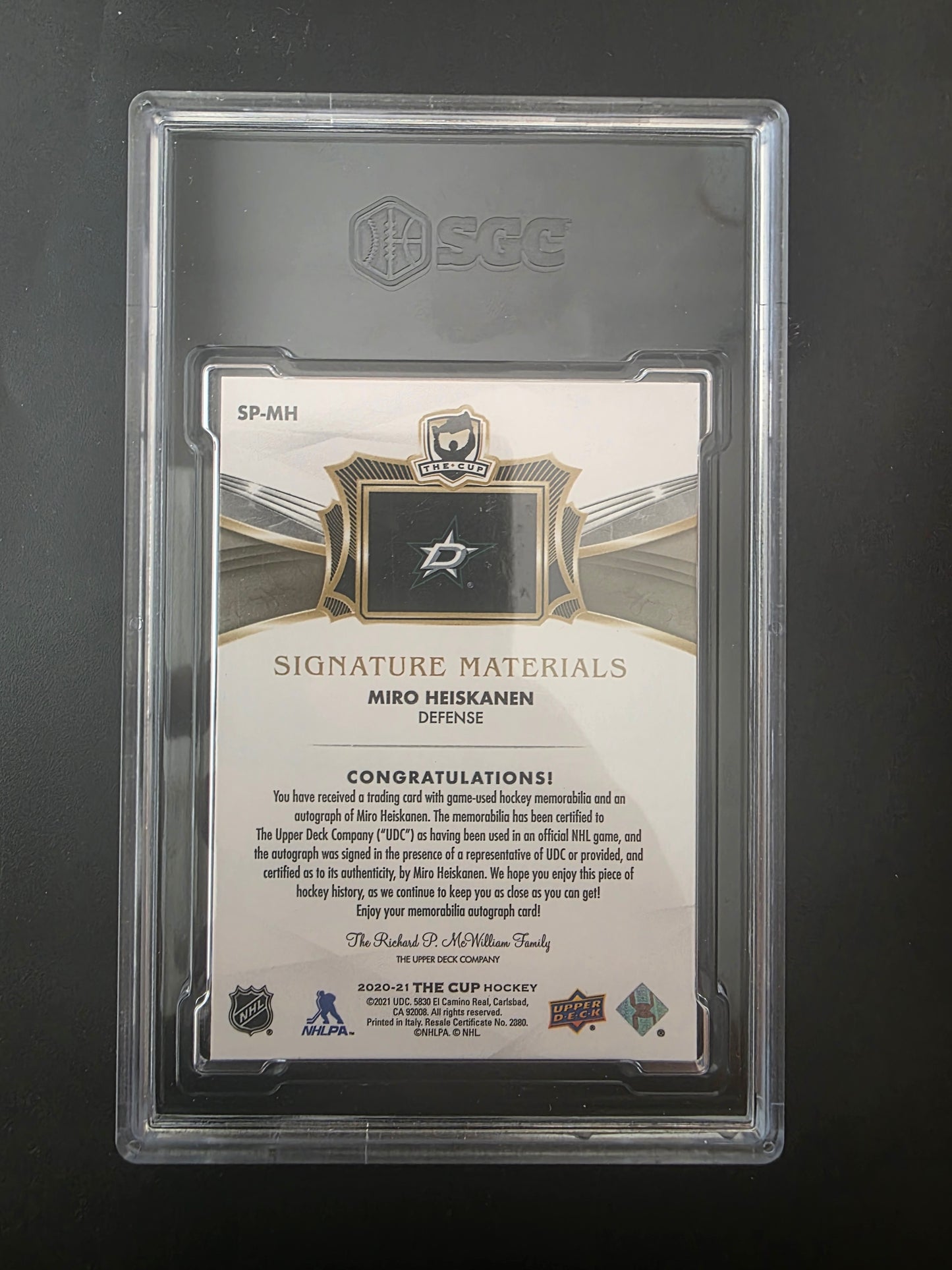 2020-21 Upper Deck The Cup - Signature Materials - 2021-22 The Cup Update - Miro Heiskanen #SP-MH /99 SGC 9 Auto 10