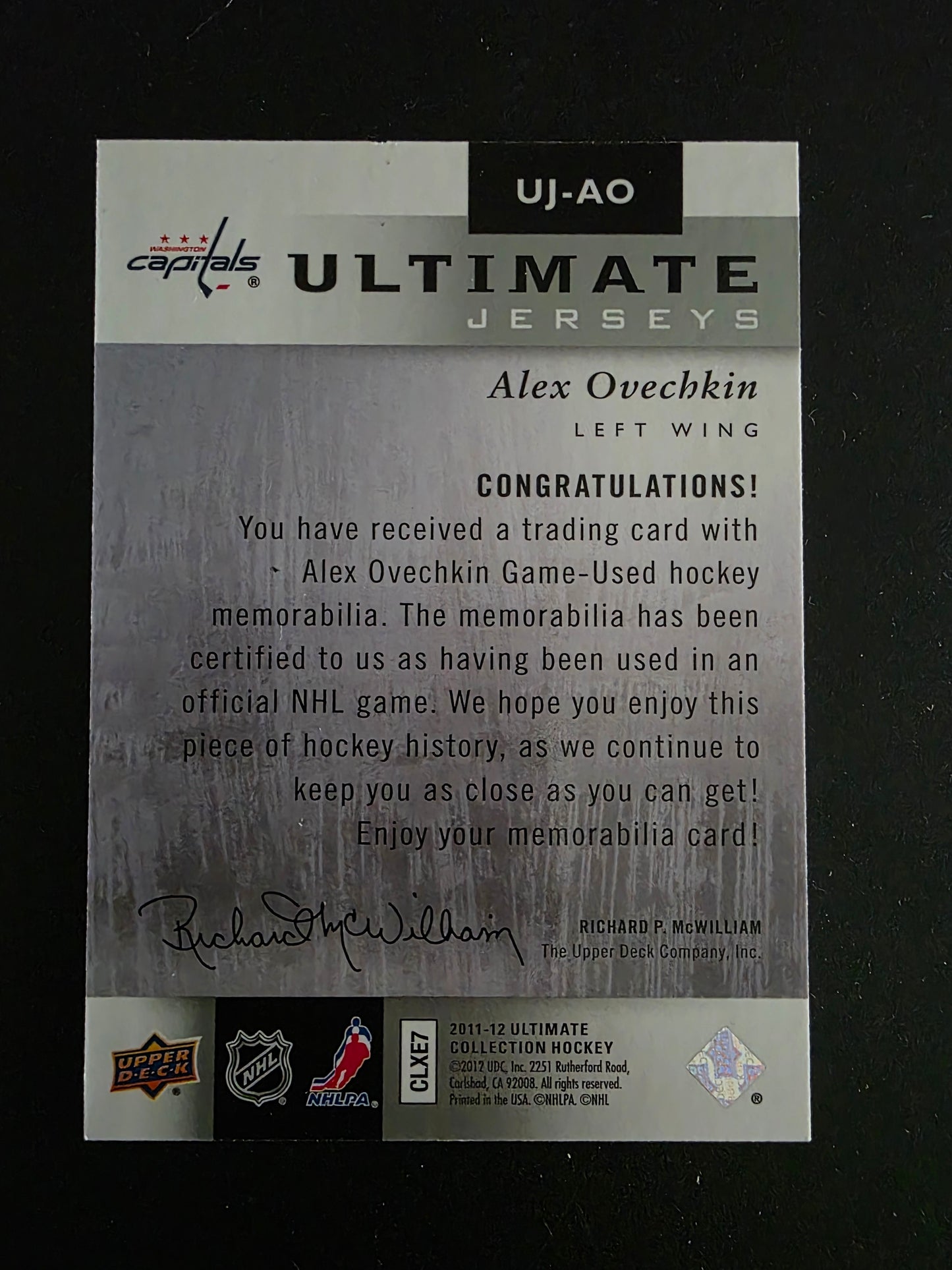 2011-12 Upper Deck Ultimate Collection - Ultimate Jerseys - Alex Ovechkin #UJ-AO /100