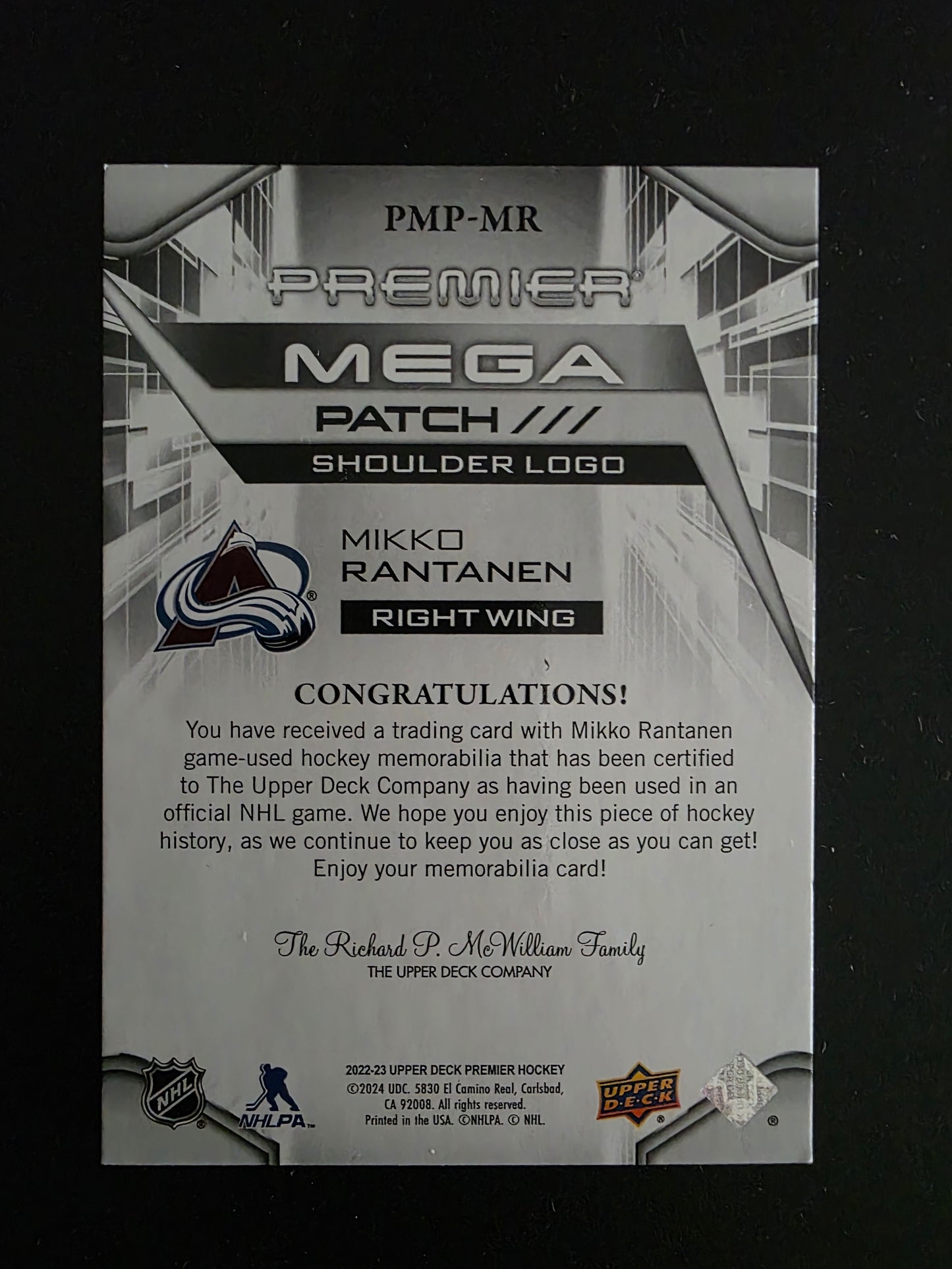 2022-23 Upper Deck Premier - Upper Deck Premier - Premier Mega Patch - Shoulder Logo - Mikko Rantanen #PMP-MR /4