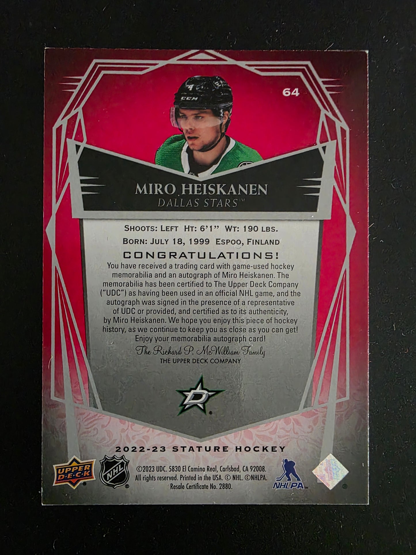 2022-23 Upper Deck Stature - Design Variant Red Auto Patch - Miro Heiskanen #PMP-MR /8