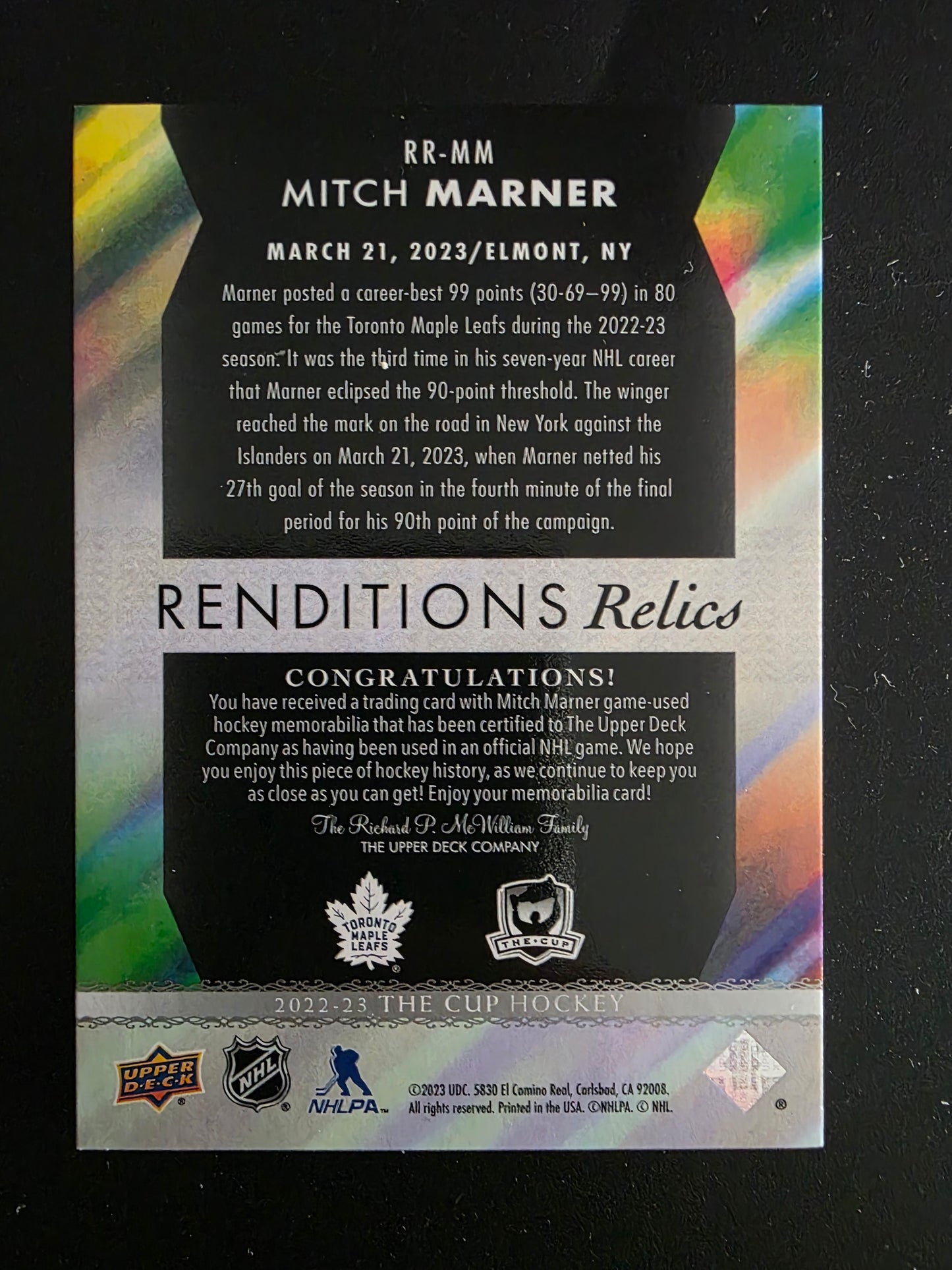 2022-23 Upper Deck The Cup - Renditions Relics - Mitch Marner #RR-MM