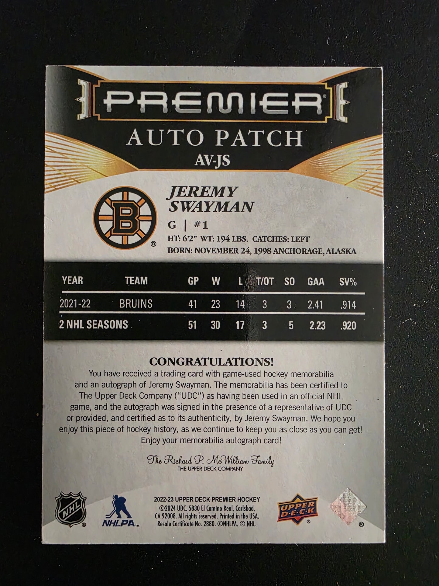 2022-23 Upper Deck Premier - Acetate Auto Patch - Jeremy Swayman #AV-JS /35