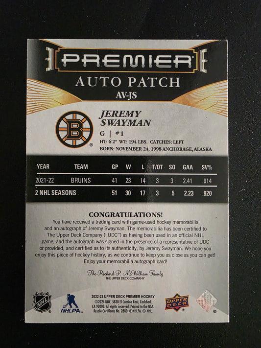 2022-23 Upper Deck Premier - Acetate Auto Patch - Jeremy Swayman #AV-JS /35