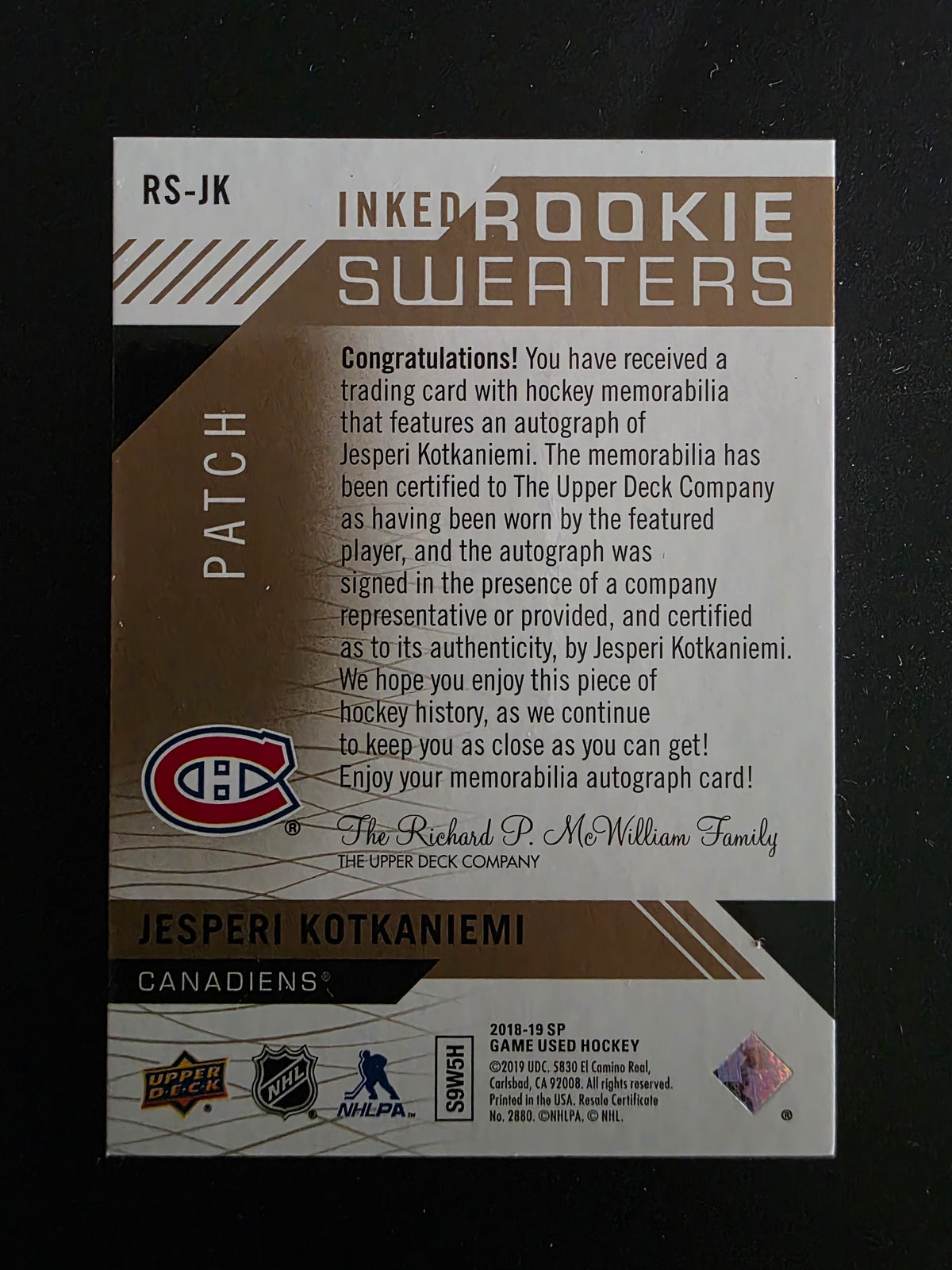 2018-19 Upper Deck SP Game Used Edition - Inked Rookie Sweaters - Patch - Jesperi Kotkaniemi #RS-JK /49 RY