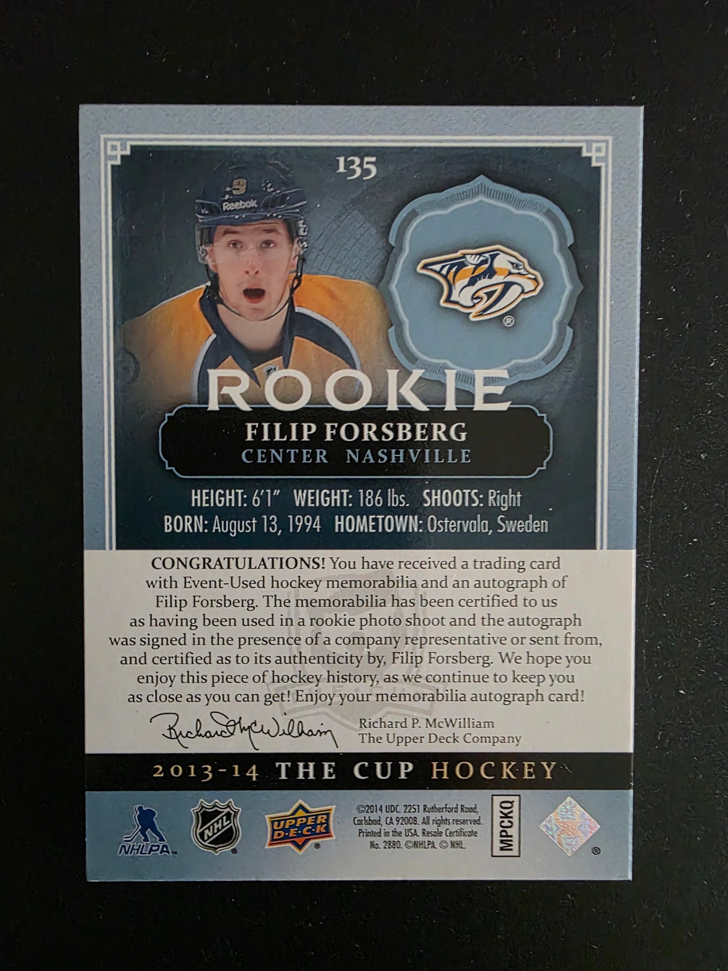 2013-14 Upper Deck The Cup - Rookie Auto Patch - Filip Forsberg #135 /249 RC