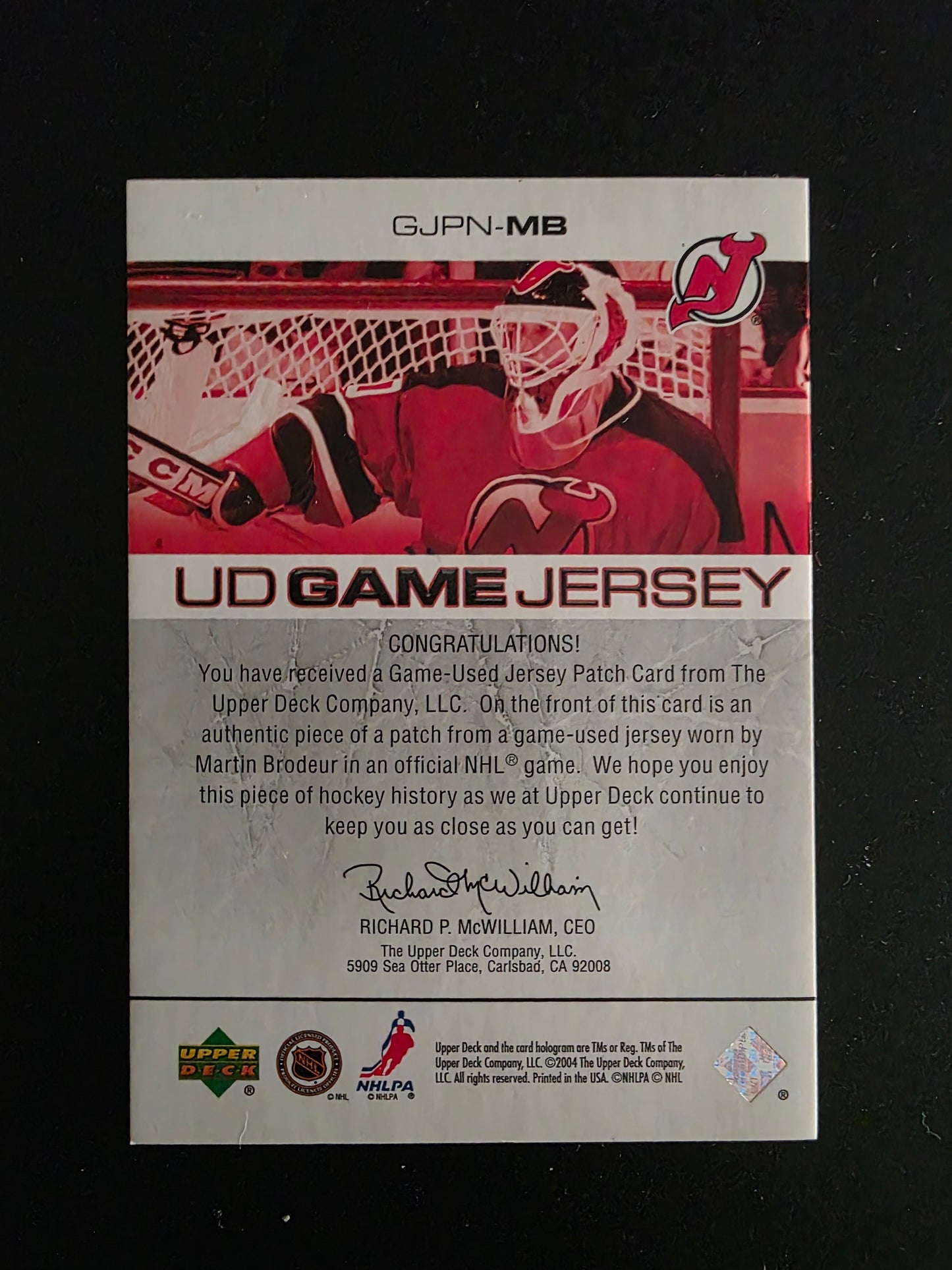 2004-05 Upper Deck - UD Game Jersey - Numbers Patch - Martin Brodeur #GJPN-MB
