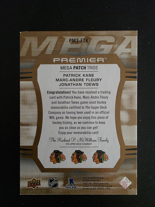 2021-22 Upper Deck Premier - Premier Mega Jersey Trios - Patrick Kane / Marc-Andre Fleury / Jonathan Toews #PM3-FTK /15