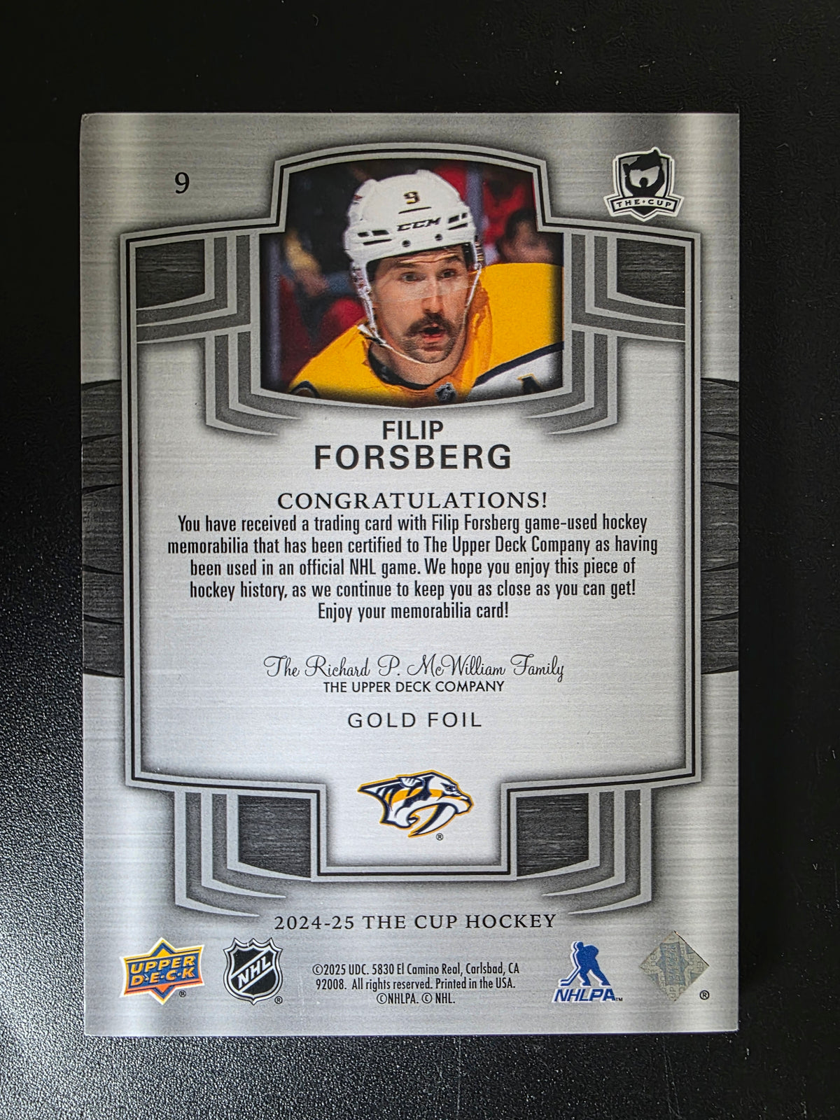 2024-25 Upper Deck The Cup - Gold Foil - Filip Forsberg #9 /8