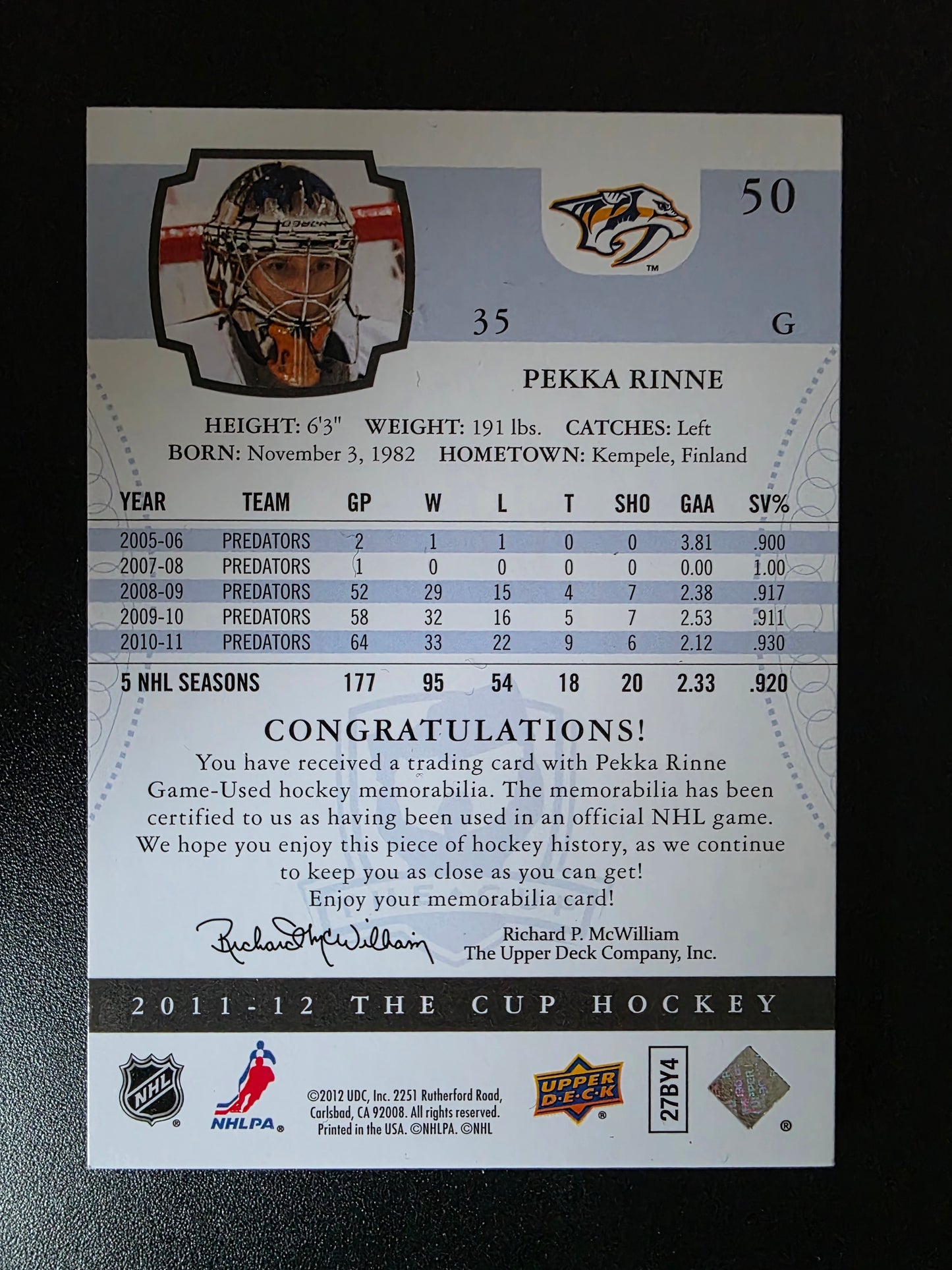 2011-12 Upper Deck The Cup - Gold - Pekka Rinne #50 /10