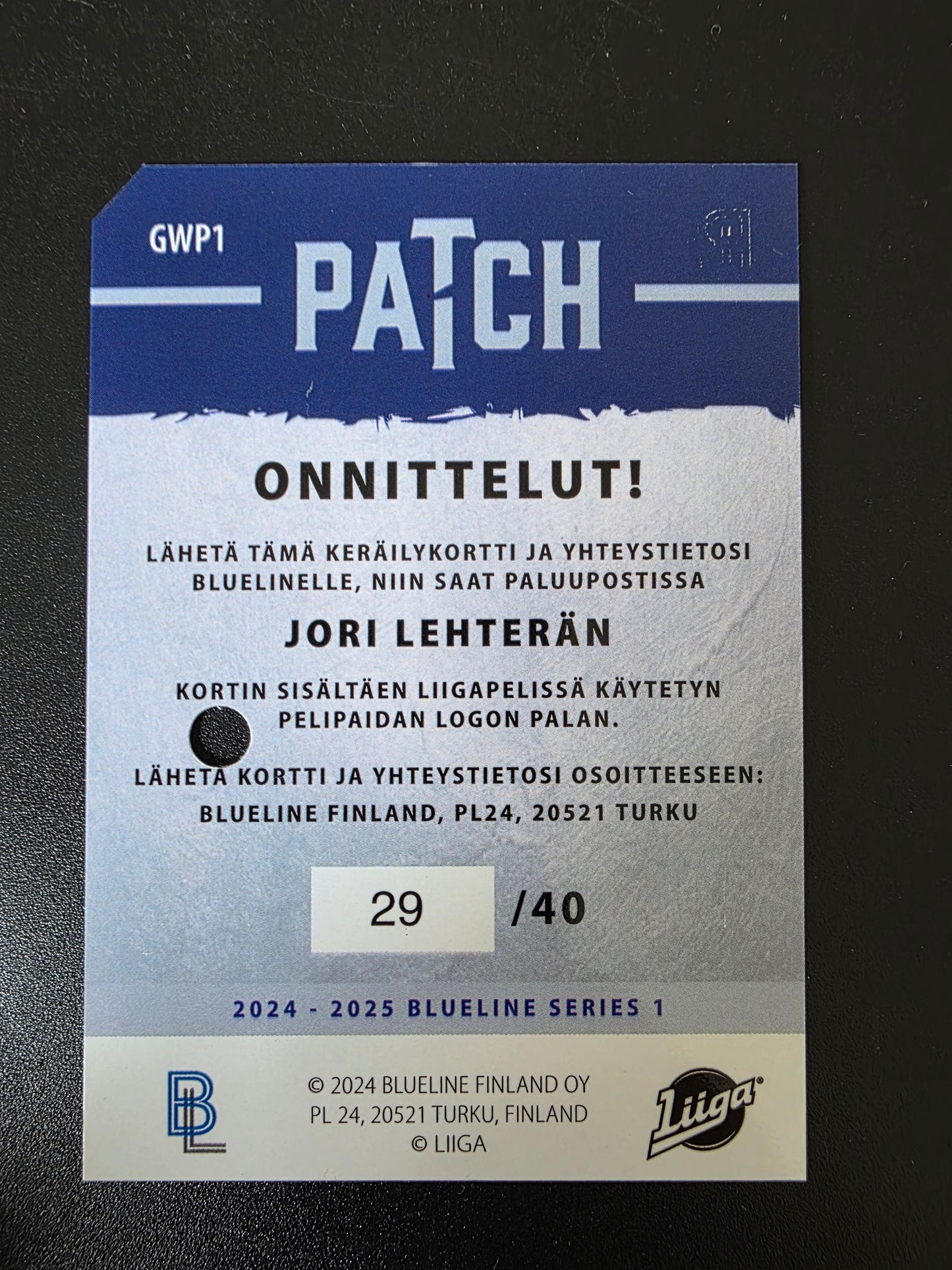 2024-25 Blueline - Patch - Jori Lehterä #GWP1 /40