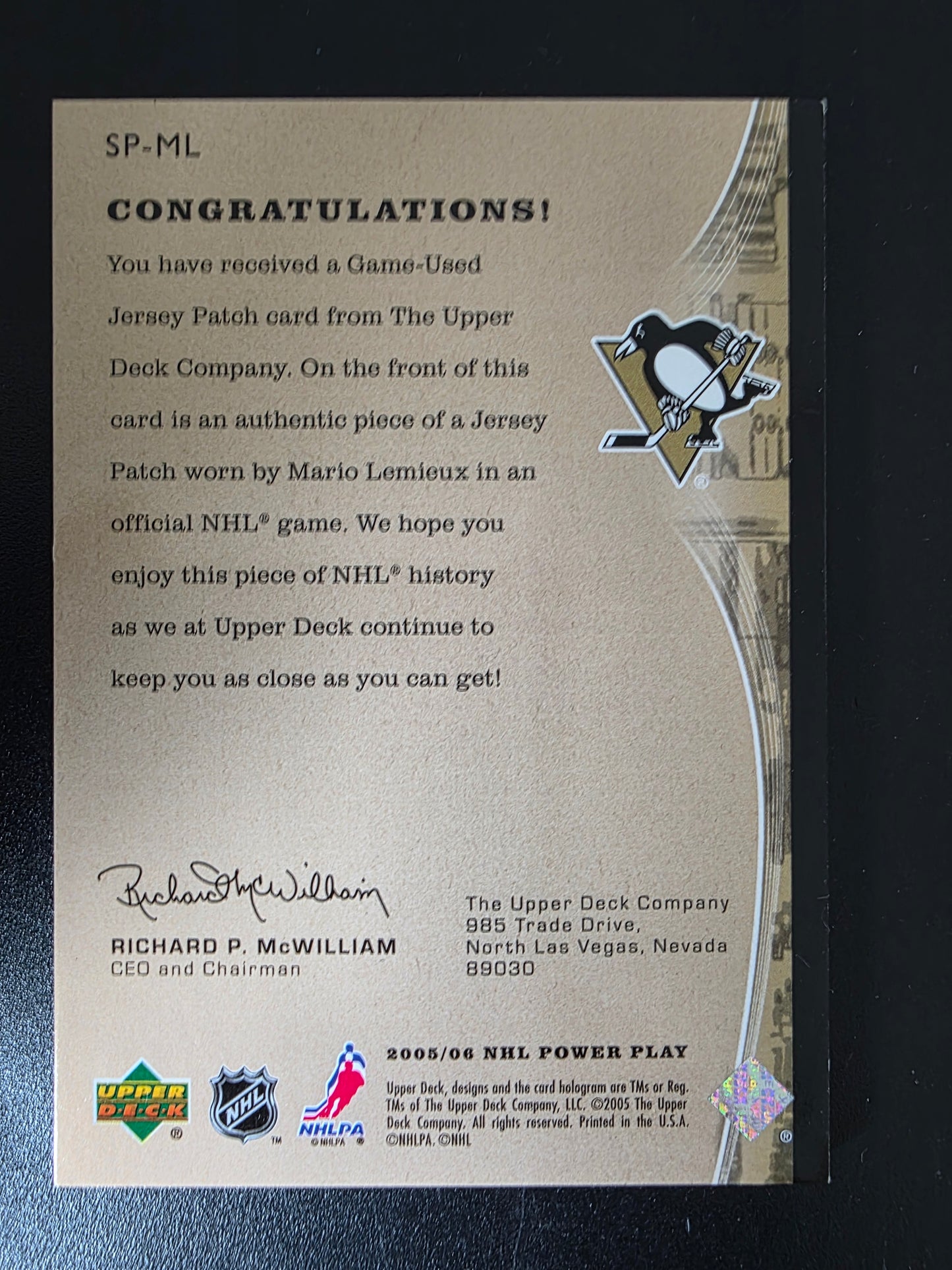 2005-06 Upper Deck Power Play - The Specialists Jerseys - Patch - Mario Lemieux #SP-ML /5