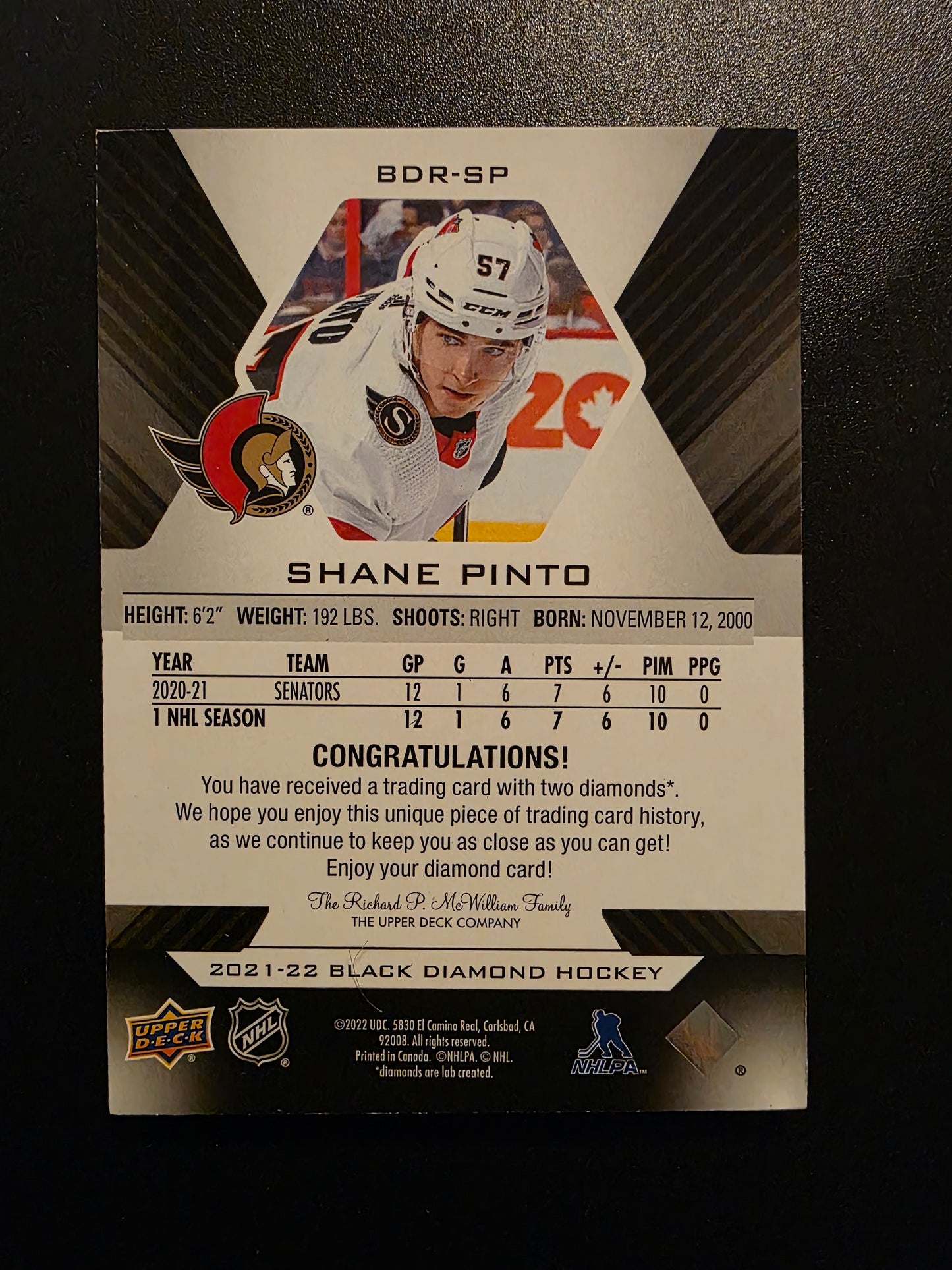 2021-22 Upper Deck Black Diamond - Diamond Relic Rookie Gems - Double Diamond - Shane Pinto #BDR-SP /99 RY