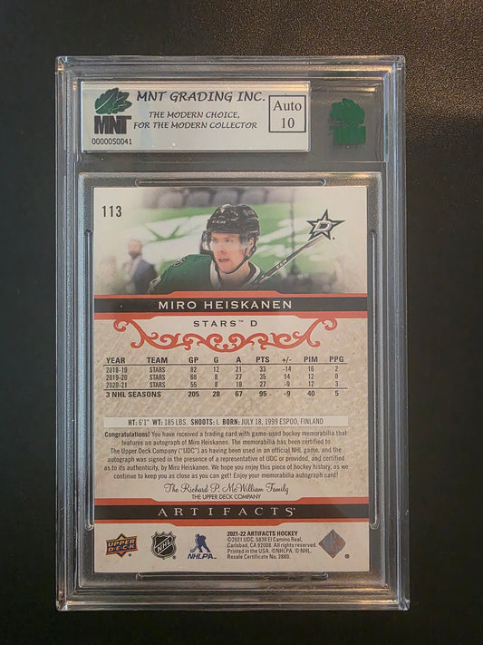 2021-22 Upper Deck Artifacts - Orange Auto Material Relics - Miro Heiskanen #113 /5 MINT 8.5