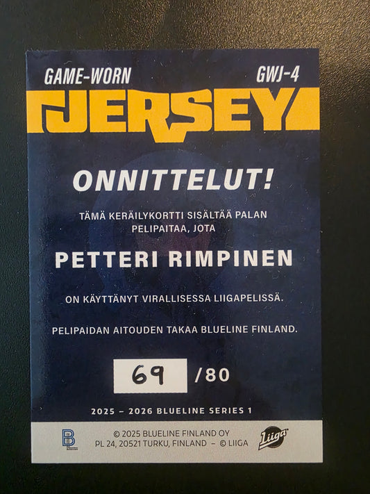 2025-26 Blueline Jersey - Petteri Rimpinen #GWJ-4 /80