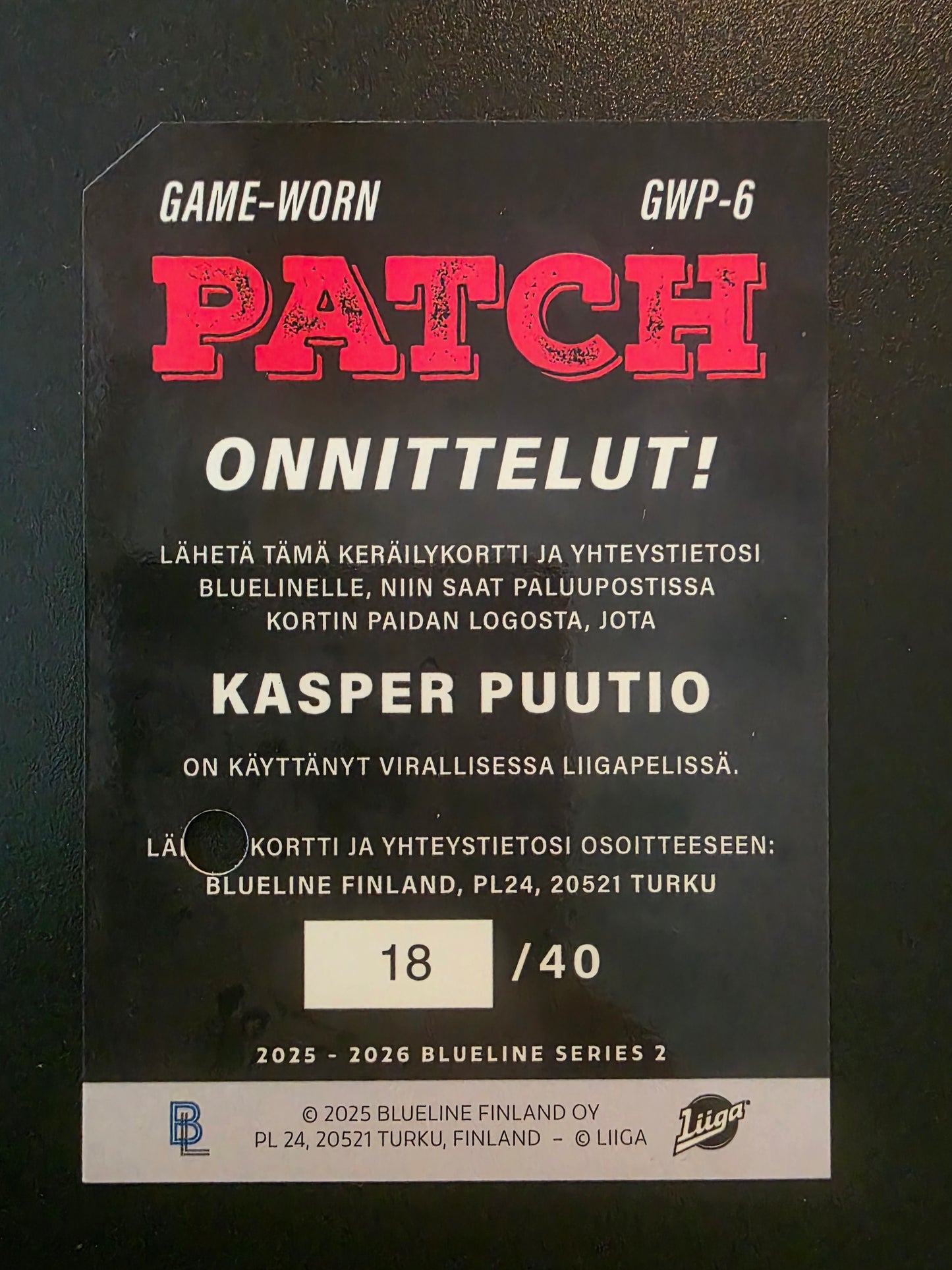 2025-26 Blueline Jersey - Kasper Puutio #GWP-6 /40
