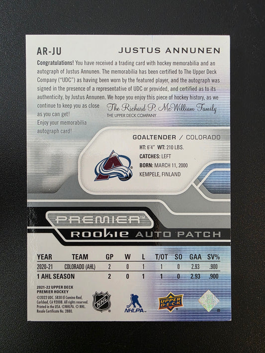 2021-22 Upper Deck Premier - Acetate Rookie Auto Patch - Justus Annunen #AR-JU /249 RY