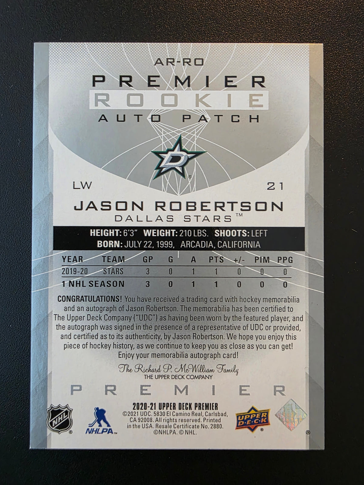 2020-21 Upper Deck Premier - Acetate Rookie Auto Patch - Jason Robertson #AR-RO /249 RY