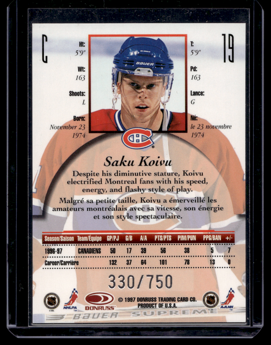 1997-98 Donruss Canadian Ice - Provincial Series - Saku Koivu #19 /750