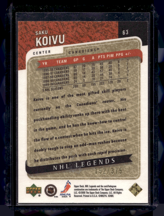 2000-01 Upper Deck Legends- Legendary Collection Gold - Saku Koivu #63 /375