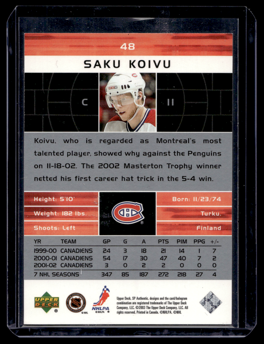 2002-03 Upper Deck SP Authentic - Saku Koivu #48