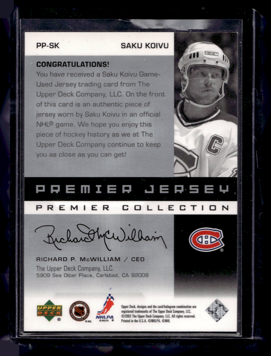 2002-03 Upper Deck Premier Collection - Premier Jerseys - Silver - Saku Koivu #PP-SK /99