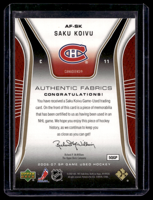 2006-07 Upper Deck SP Game Used Edition - Authentic Fabrics - Gold Jersey - Saku Koivu #AF-SK /100