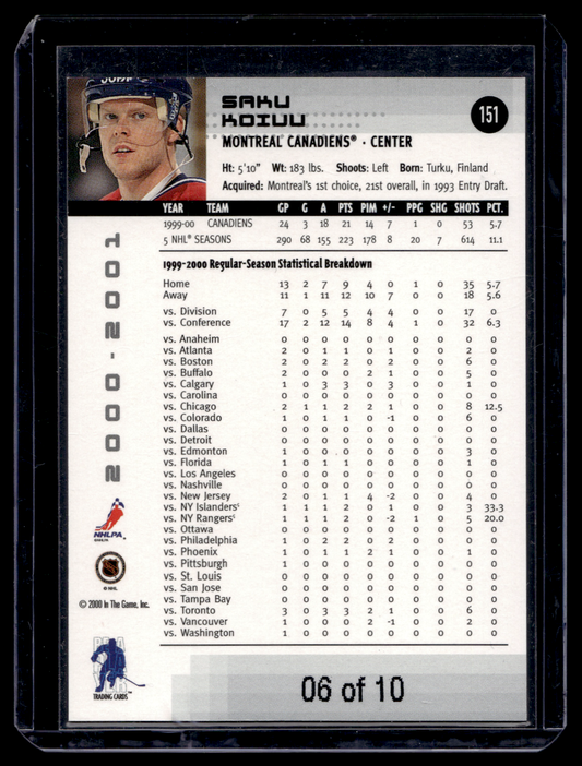 2000-01 In the Game Be A Player Memorabilia - Emerald - Saku Koivu #151 /10