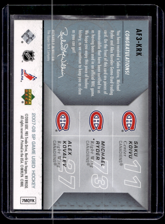 2007-08 Upper Deck SP Game Used Edition - Authentic Fabrics Triple - Saku Koivu / Michael Ryder / Alex Kovalev #AF3-KRK /25