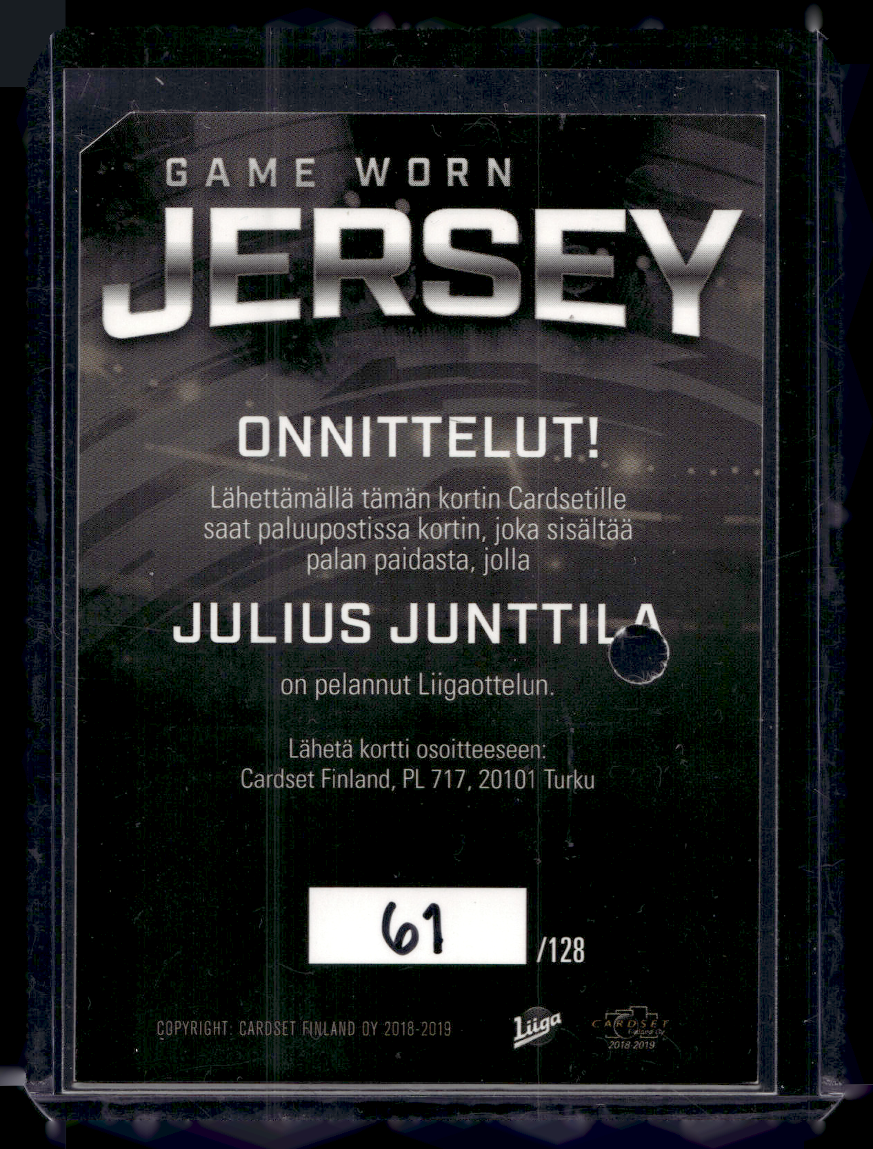 2018-19 Cardset - Game Worn Jersey - Julius Junttila /128