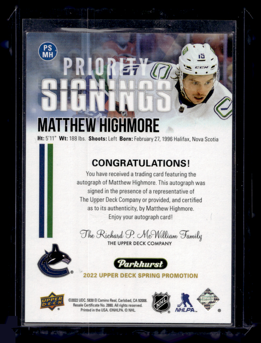 2021-22 Upper Deck Fall Promotion - Parkhurst Priority Signings - Matthew Highmore #PSMH /75