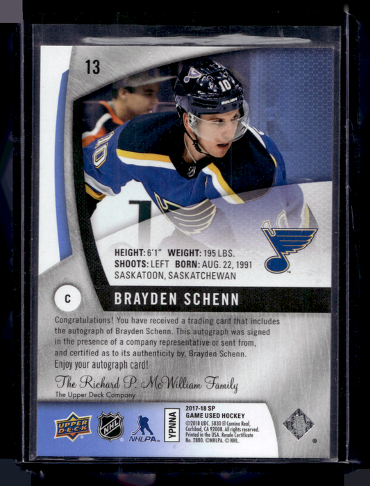 2017-18 Upper Deck SP Game Used - Blue Autographs - Brayden Schenn #13