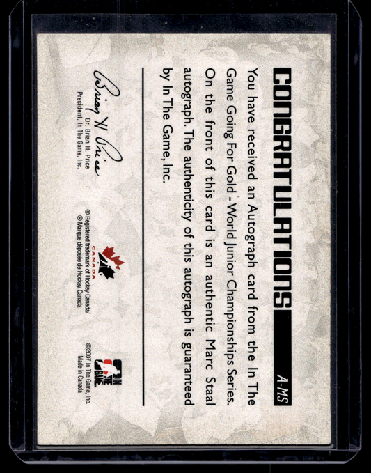 2007 In the Game Going for Gold World Junior Championships - Autographs - Marc Staal #A-MS RY