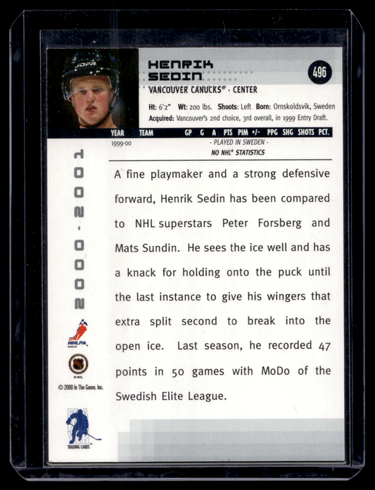 2000-01 In the Game Be A Player Memorabilia - Ruby All-Star Fantasy - Henrik Sedin #496 /10