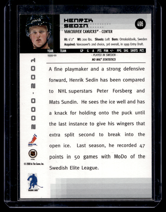2000-01 In the Game Be A Player Memorabilia - Emerald All-Star Fantasy - Henrik Sedin #496 /10