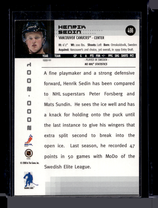2000-01 In the Game Be A Player Memorabilia - All-Star Fantasy - Henrik Sedin #496 /10