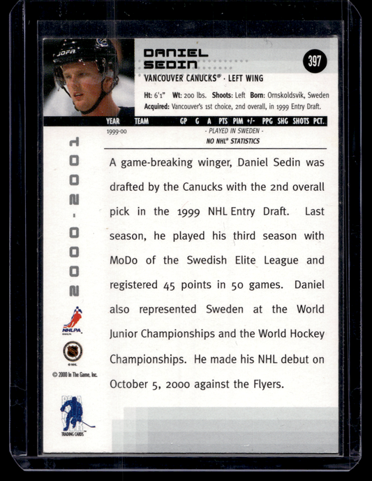 2000-01 In the Game Be A Player Memorabilia - Emerald All-Star Fantasy - Daniel Sedin #397 /10