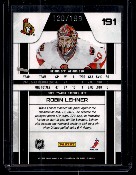 2010-11 Panini Zenith - Dare to Tear SP Rookies - Robin Lehner #191 /199 RC