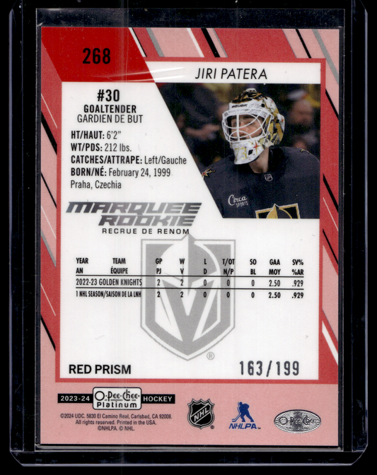 2023-24 Upper Deck OPC Platinum - Red Prism - Marquee Rookies - Jiri Patera #268 /199 RC