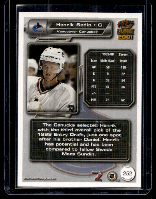 2000-01 Pacific Paramount - MVP Show - Henrik Sedin #252 /10