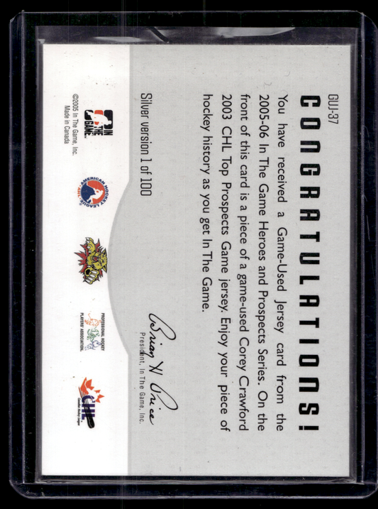 2005-06 In the Game Heroes and Prospects - Game-Used Jersey - Silver - Corey Crawford #GUJ-37 /100