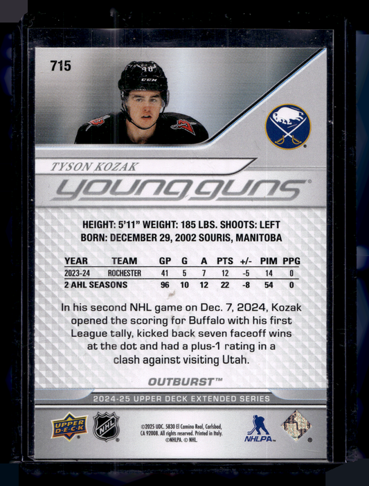 2024-25 Upper Deck Extended Series - Silver Outburst - Young Guns - Tyson Kozak #715 RC