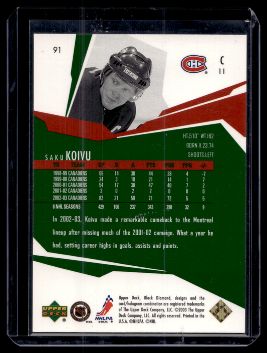 2003-04 Upper Deck Black Diamond - Color Green - Saku Koivu #91 /100