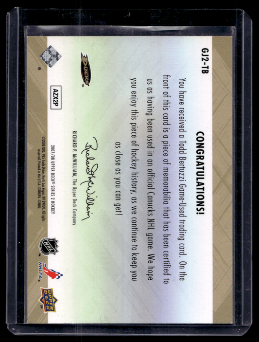 2007-08 Upper Deck - Game Jersey Series 2 - Todd Bertuzzi #GJ2-TB