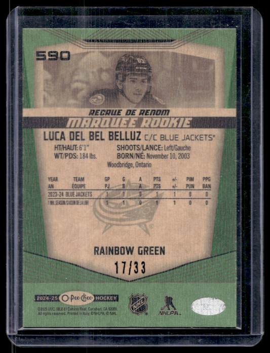 2024-25 O-Pee-Chee - Rainbow Green - Marquee Rookies - Luca Del Bel Belluz #590 /33 RC