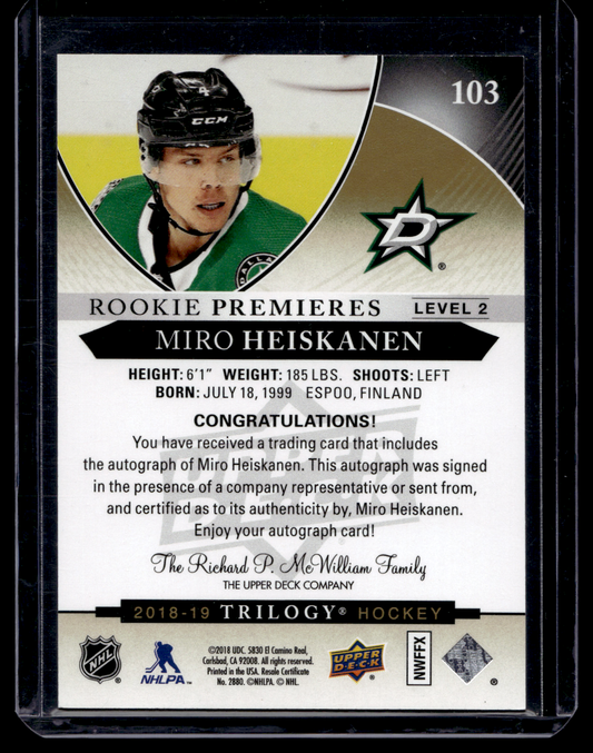 2018-19 Upper Deck Trilogy - Uncommon Rookies Tier 2 Auto - Miro Heiskanen #103 /249 RC