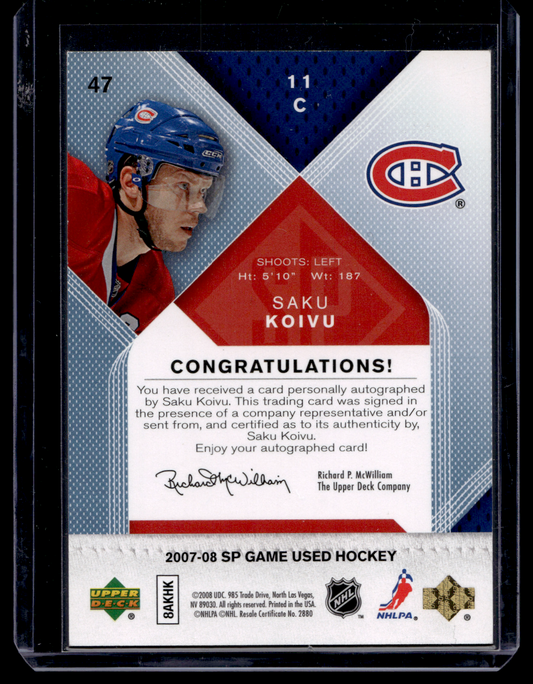 2007-08 Upper Deck SP Game Used Edition - Autographs - Saku Koivu #47 /10
