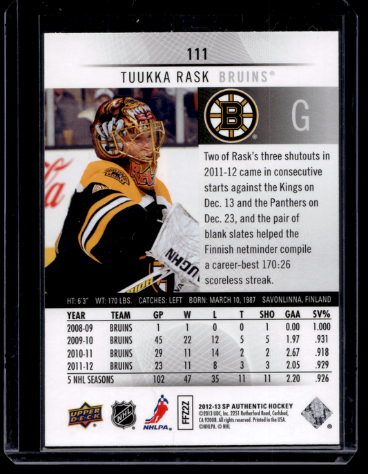 2012-13 Upper Deck SP Authentic - Tuukka Rask #111