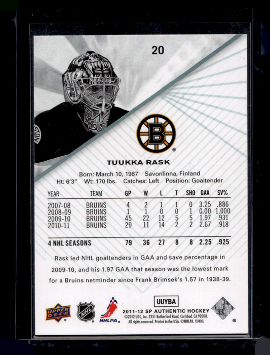 2011-12 Upper Deck SP Authentic - Tuukka Rask #20
