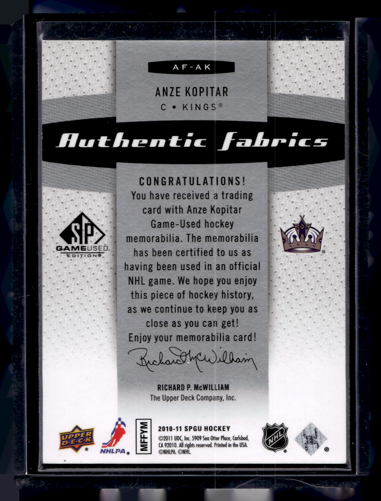 2010-11 Upper Deck SP Game Used Edition - Authentic Fabrics - Anze Kopitar #AF-AK